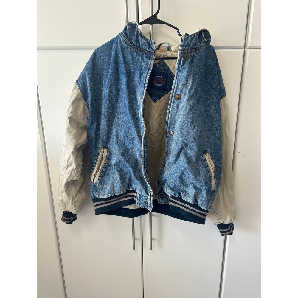 Vintage Saugatuck Denim Bomber Jacket Blue Tan Letterman Varsity Mens XL